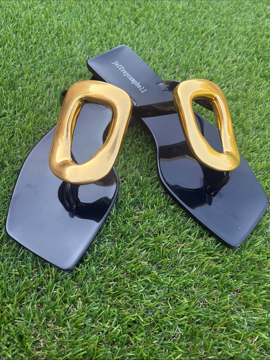 Jeffrey Campbell Shoes - Jeffrey Campbell Black Sandal with Gold Buckle Accent